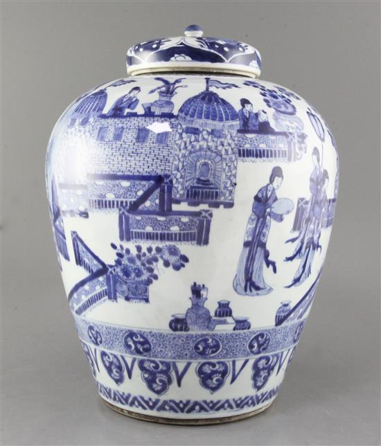 A large Chinese blue and white ovoid jar, Kangxi period, 37.5cm, restored